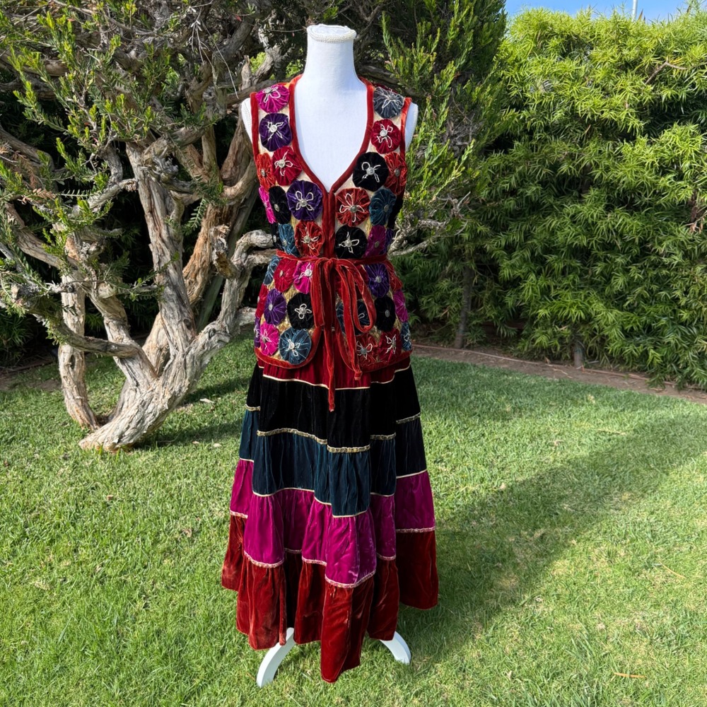 Vintage Velvet Tiered Maxi Skirt and Floral Rosette Vest Set Boho Jewel Tone